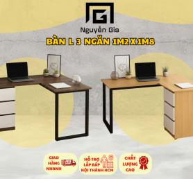 Bàn ikea góc L 3 hộc kth 1m2x1m8 vát cạnh tủ